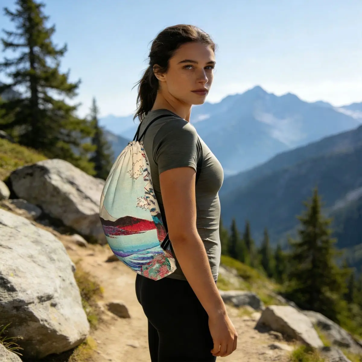 Landscape Of Mount Fuji And The Sea Backpacks Casual Drawstring Bags Storage Bag Book Bags for Man Woman Students