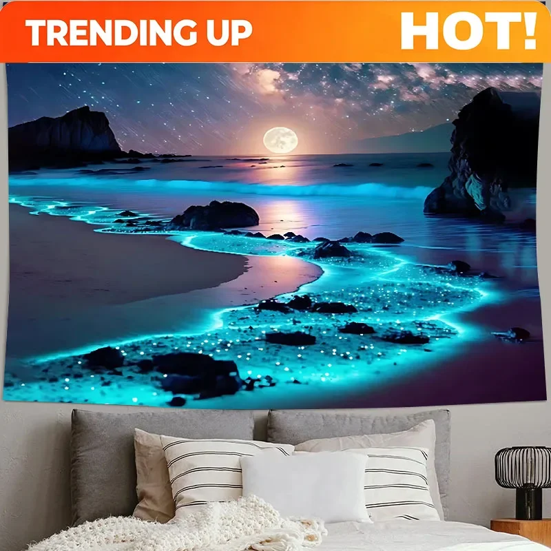 Customization Glow-in-the-Dark Turquoise Ocean & Moon Tapestry - Large 37x28 Inch Night Wall Hanging With Starry Sky, Luminous S