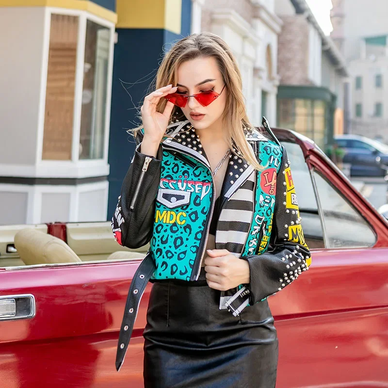 Contrast Leopard Graffiti Print Motorcycle Leather Jacket Women 2024 New Streetwear Rock Punk Style Studded Cropped Jacket XXXL