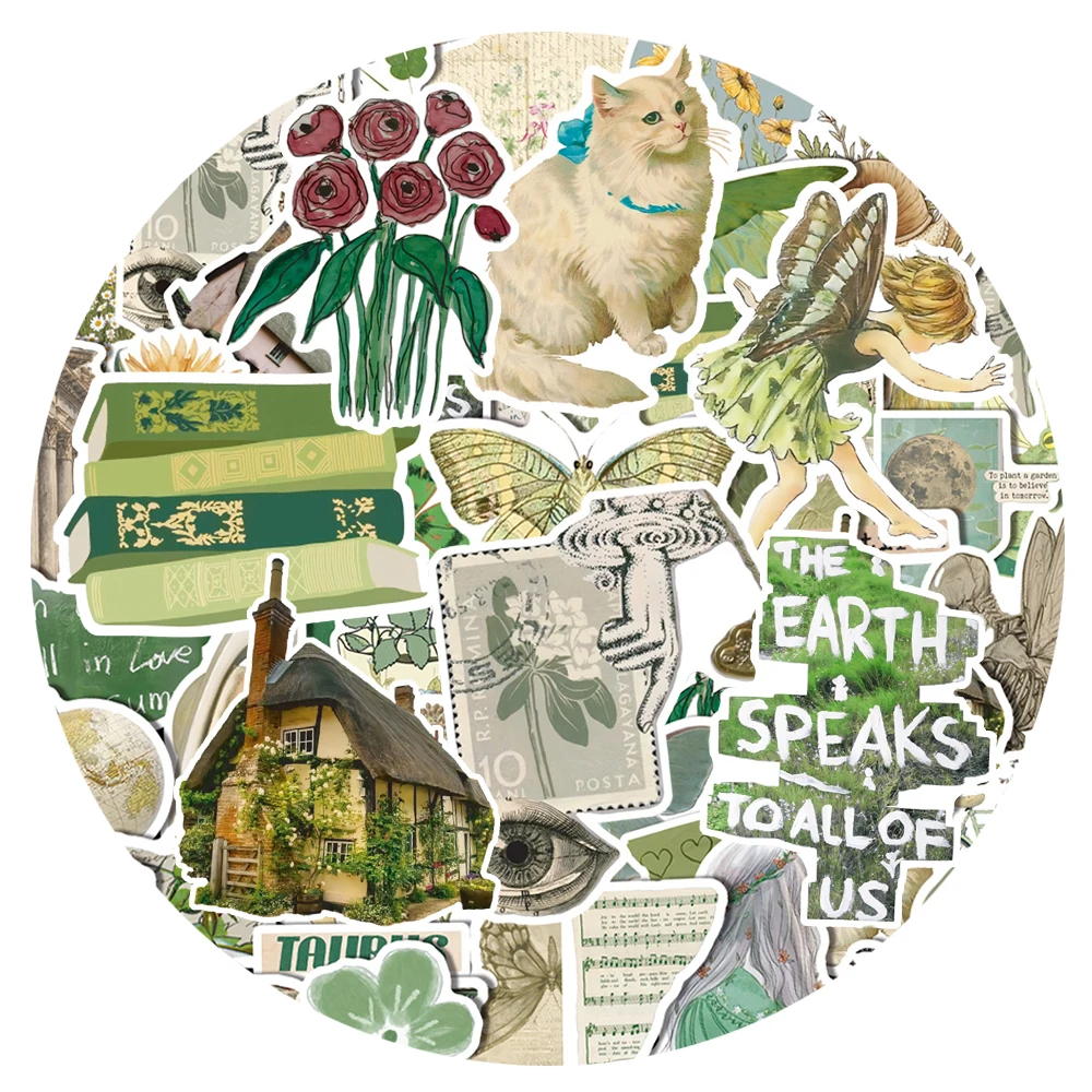 

10/30/50pcs Vintage Fresh Mint Green Art Aesthetic Stickers Cartoon Graffiti Decals DIY Notebook Suitcase Phone Sticker Packing