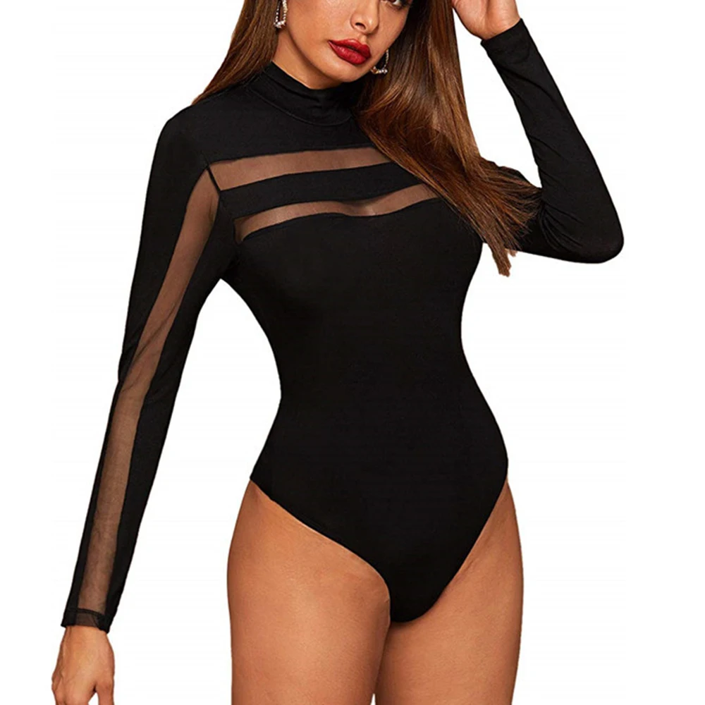 Mesh See Through Sexy Bodysuit Long Sleeve Round Neck Skinny Backless Patchwork Slim High Waist Wild Slim Rompers For Women