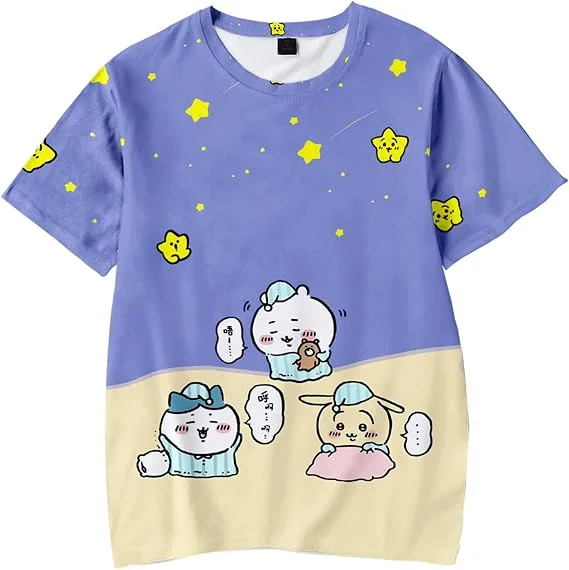Chiikawa Usagi Hachiware Niedliche Gestapelte Figuren Print T-Shirt Farbiges Kurzarm-T-Shirt Lässiges Unisex Sommer-Oberteil Familien-Set – Detail 8