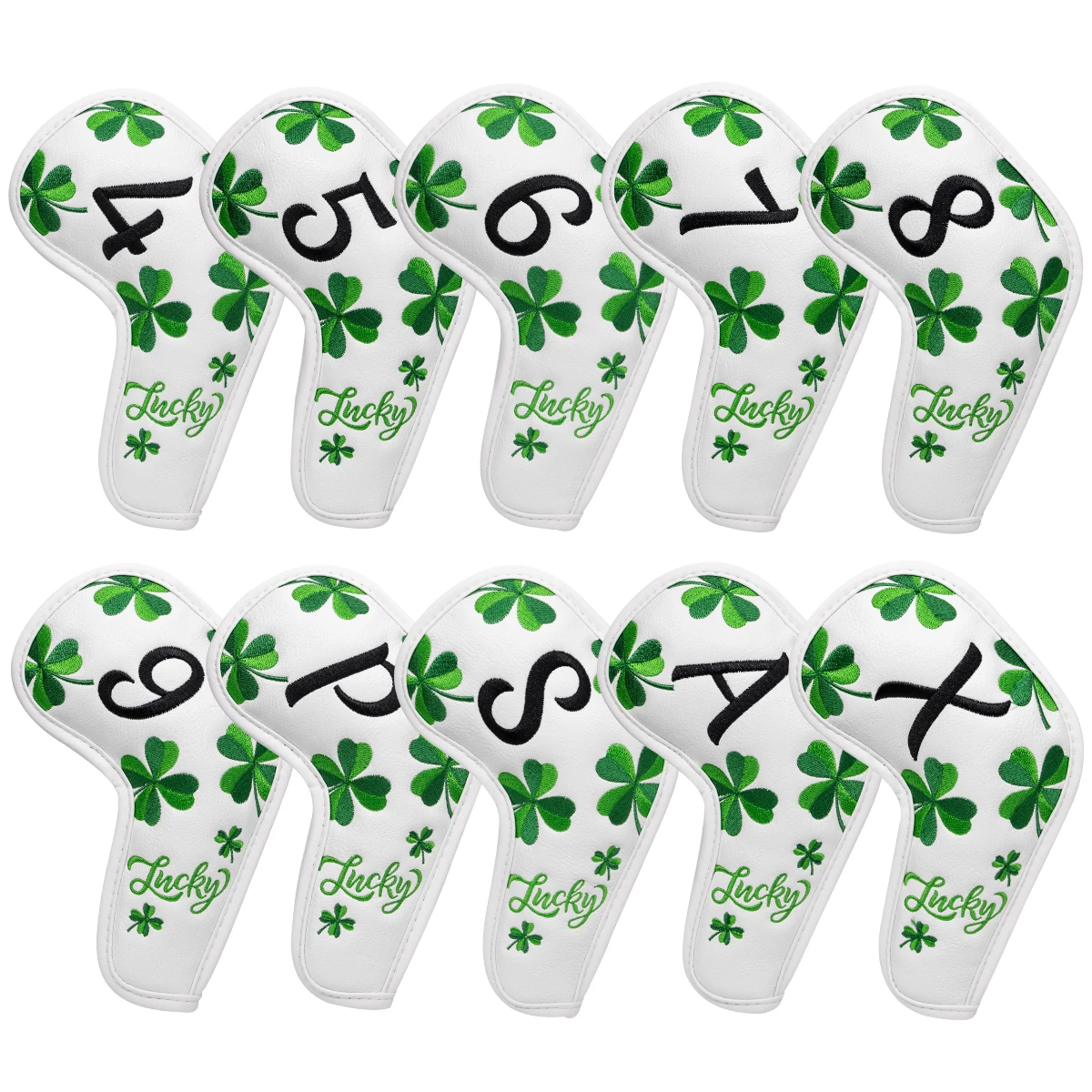 Elegant Embroidery Premium Leather Golf Headcovers, Lucky Clover Iron Cover, 10Pcs Set