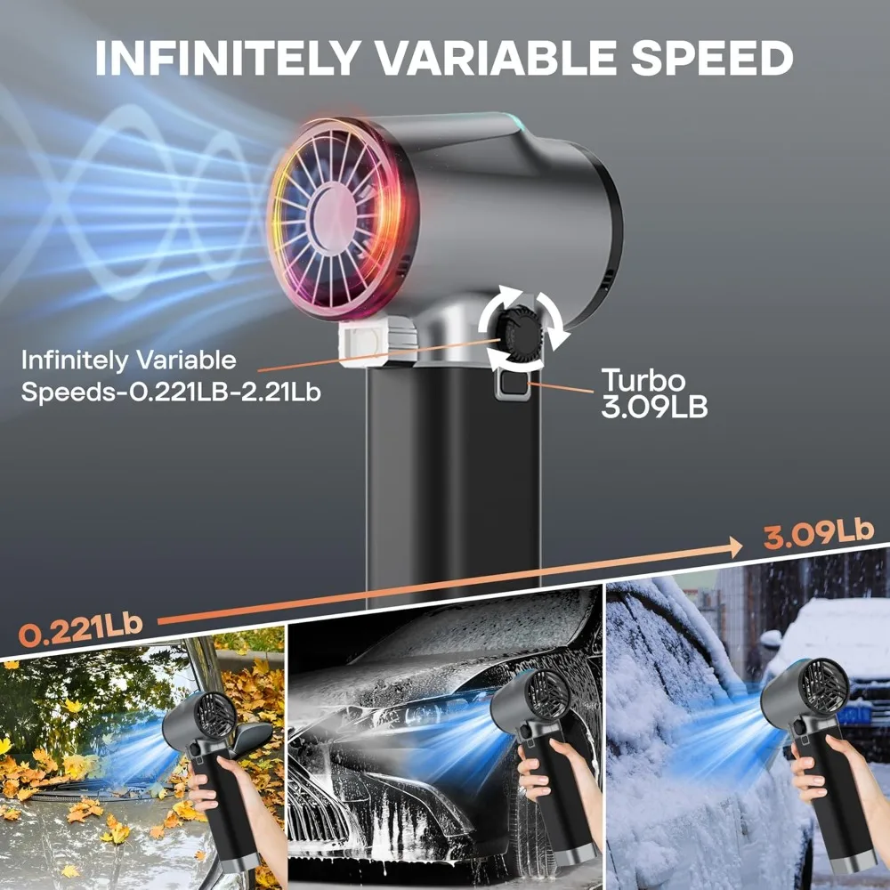 자동차용 드라이어 블로워, 최대 181피트/초 속도의 라이트 포함 자동차 건조기, 750W 및 64mm 브러시리스 모터, 실리콘 핸들, 무단계 속도 조절