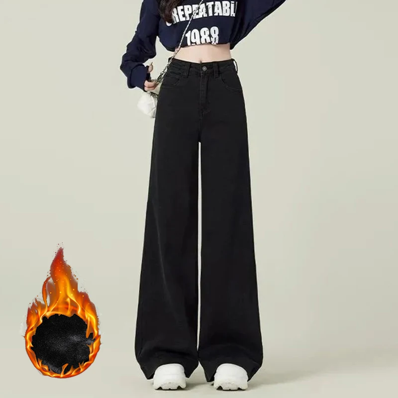 الشتاء سيدة عالية الخصر أفخم الجينز الإناث الثلوج الدافئة فضفاض سراويل جينز الفتيات الكورية عادية الصوف السراويل الحرارية