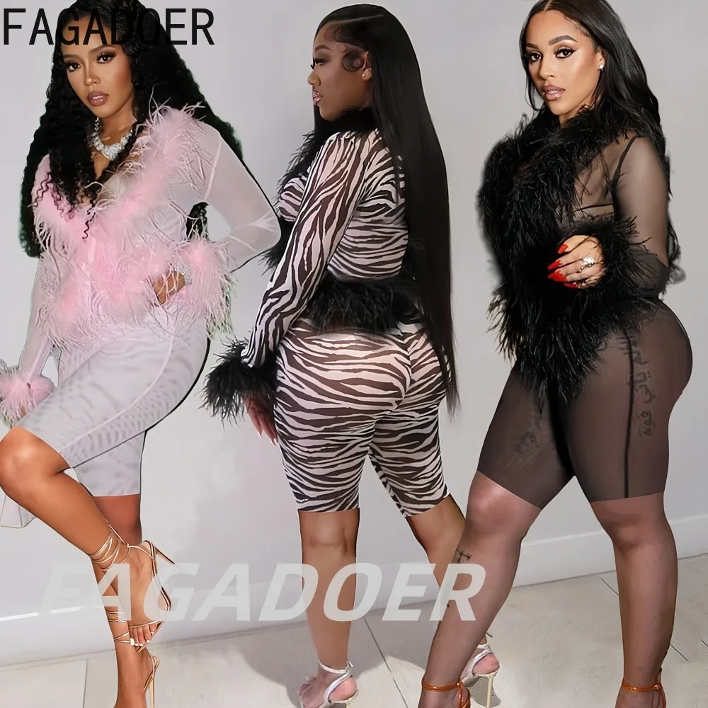 

Комплект из 2 предметов FAGADOER: сексуальный сетчатый топ с меховыми вставками и брюки, однотонный, с длинными рукавами, укороченный топ + брюки, женская уличная одежда, новинка