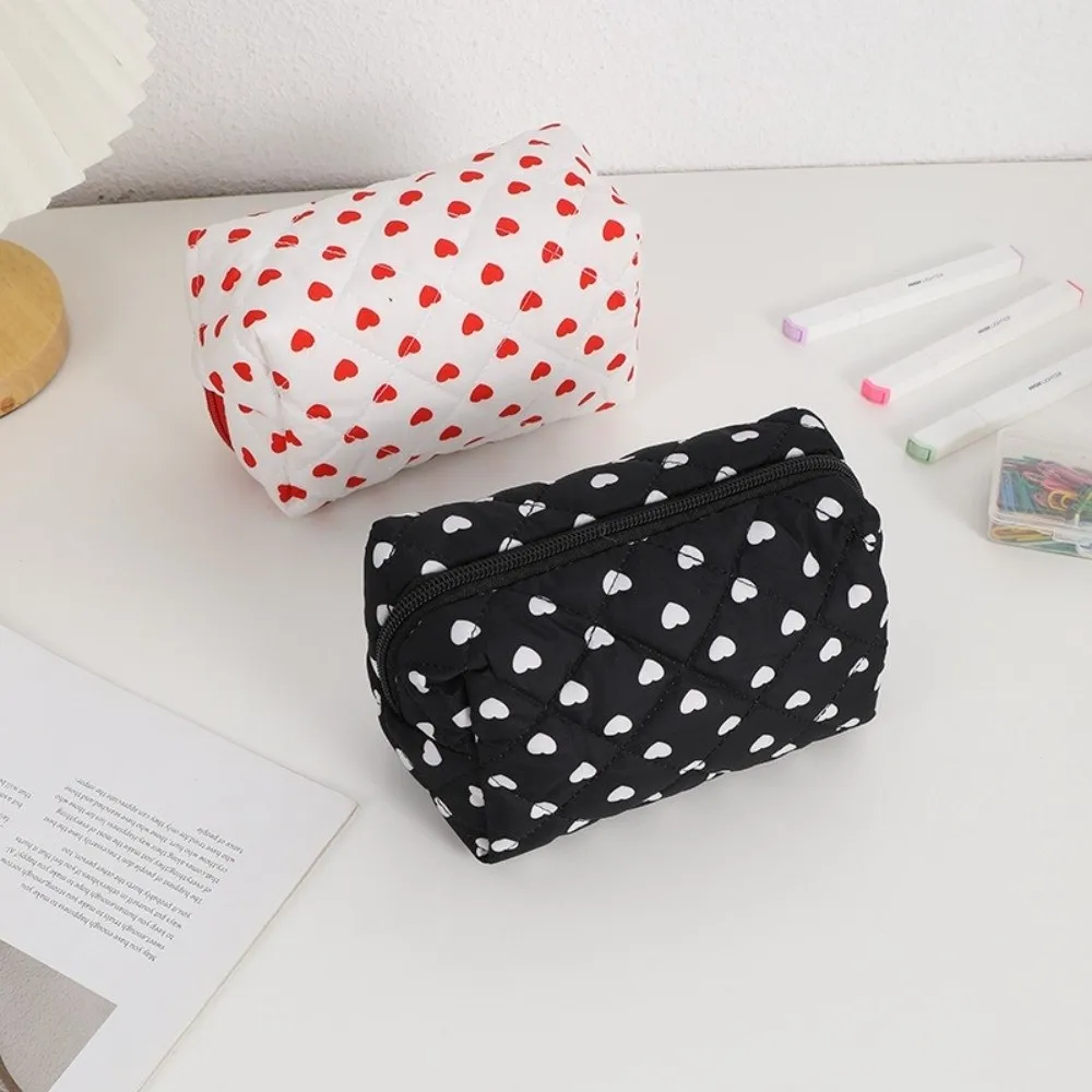 Portable Cotton Makeup Brush Bag Heart Pattern Zipper Toiletry Storage Organizer Pencil Case Women
