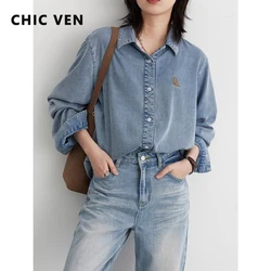 CHIC VEN Women Shirt Casual Single Breasted Long Sleeve Loose New Embroidered Denim Shirts Female Blouses Spring Summer 2024