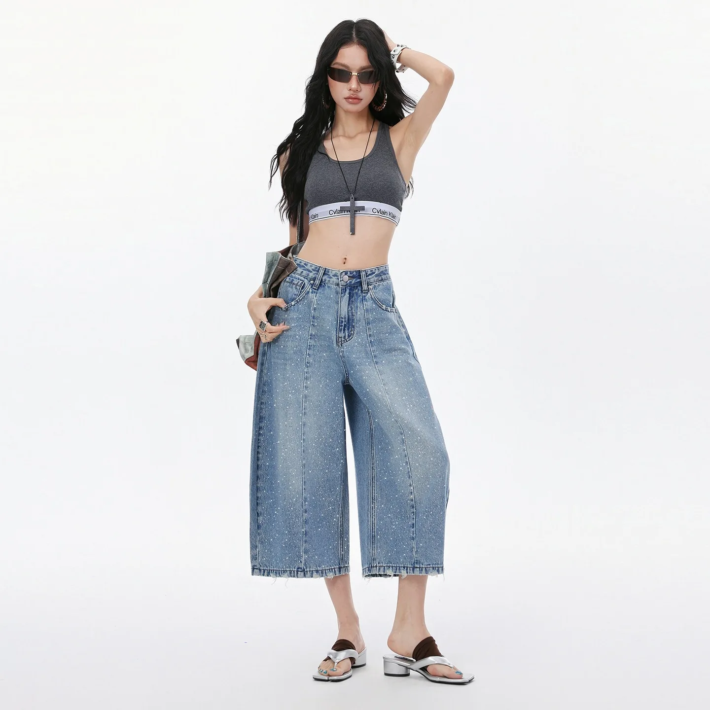 Flash Diamond Wide-leg Eight-point Jeans Women's 26 Loose Casual Versatile Straight Pants