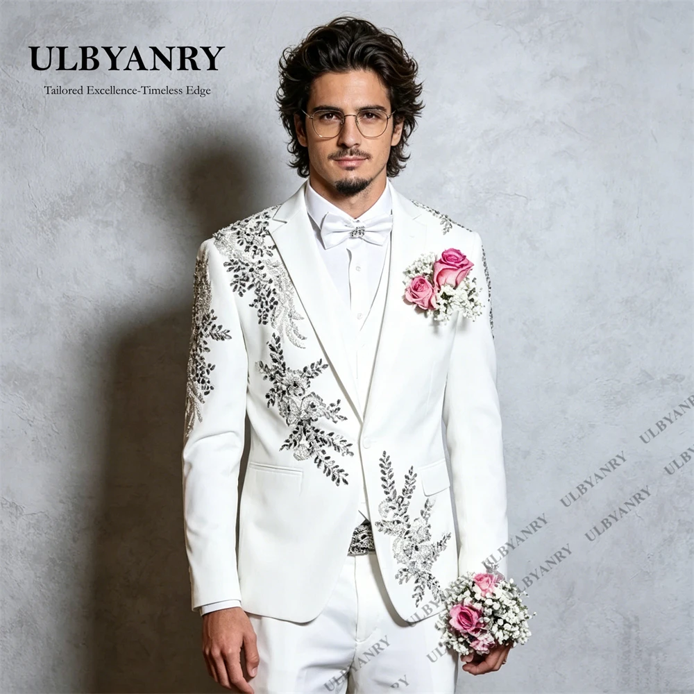 

ULBYANRY Two Piece Crystals Formal Suit Set for Men, XXS-7XL Customized Fitting Men's Wedding Suit One Button Groom Suits