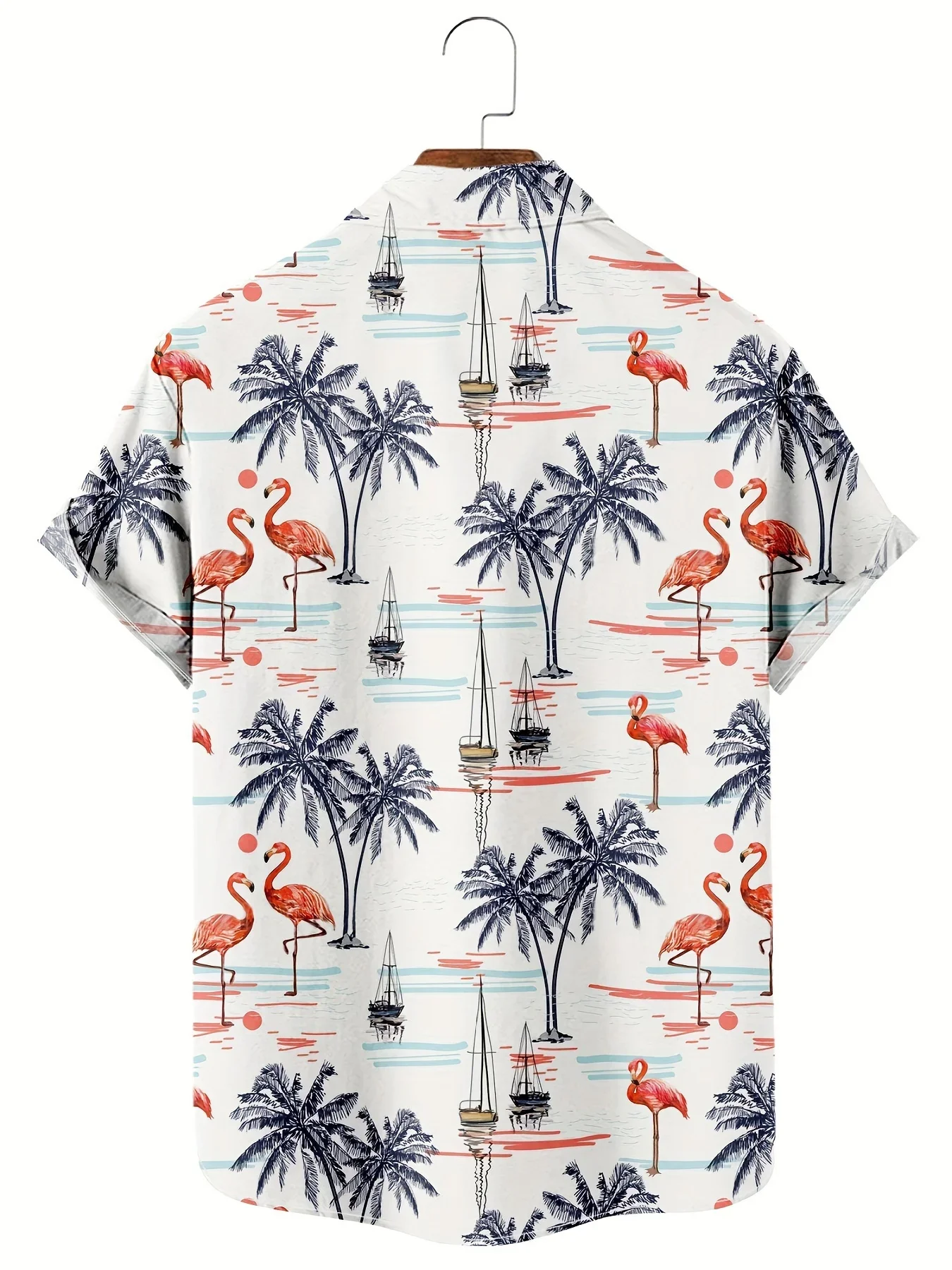 Men Hawaiian Shirt Flamingo Sailboat Palm Tree Tropical Ocean Print Short Sleeve Button Down Lapel Casual Summer Beach Vacation