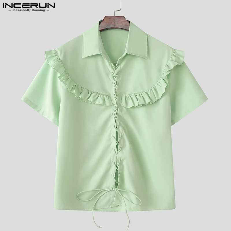 

INCERUN Men Shirt Solid Color Lapel Short Sleeve Lace Up Ruffle Male Shirts Summer Streetwear 2025 Loose Fashion Men Clothing
