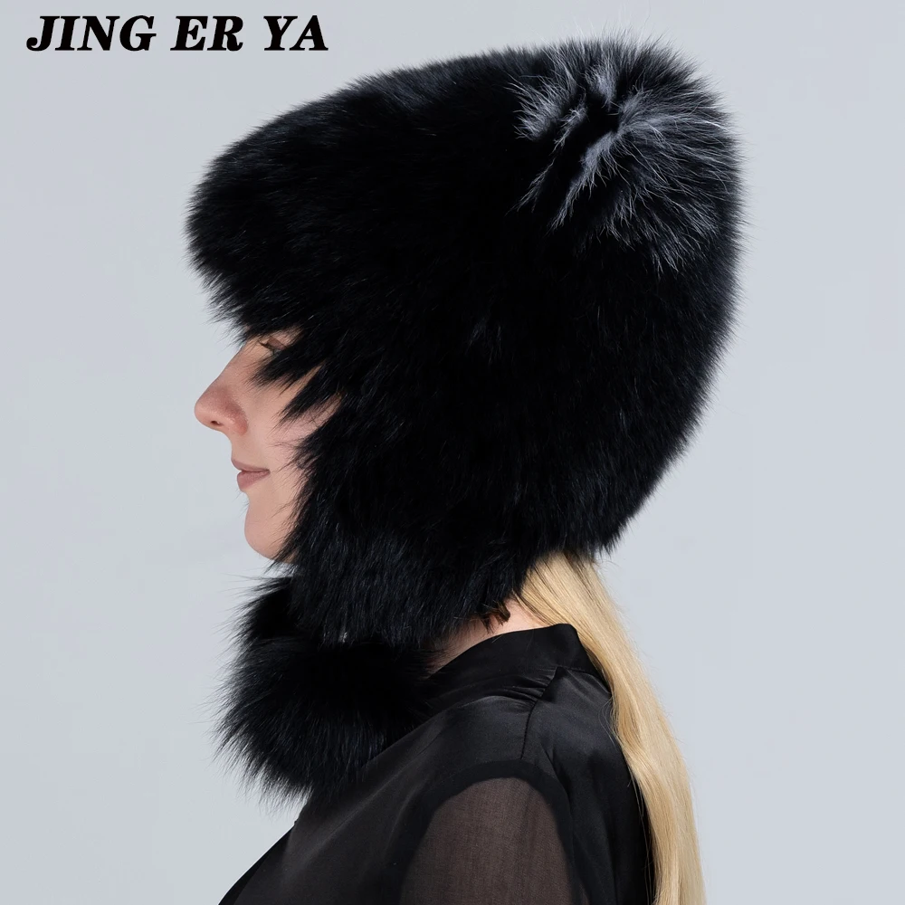 JERYAFUR Winter Hat Woman Warm Cat Ushanka Balaclava Russian Fox Fur Trapper Women Bomber Hats Luxury Furry Snow Cap Earflap Fox