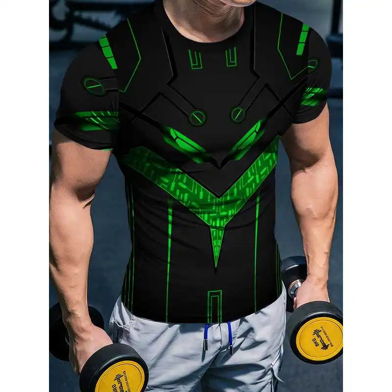 Men's high-elasticity quick-drying black and green techwear fitness short-sleeve shirtTT-shirt with tech lines for sports