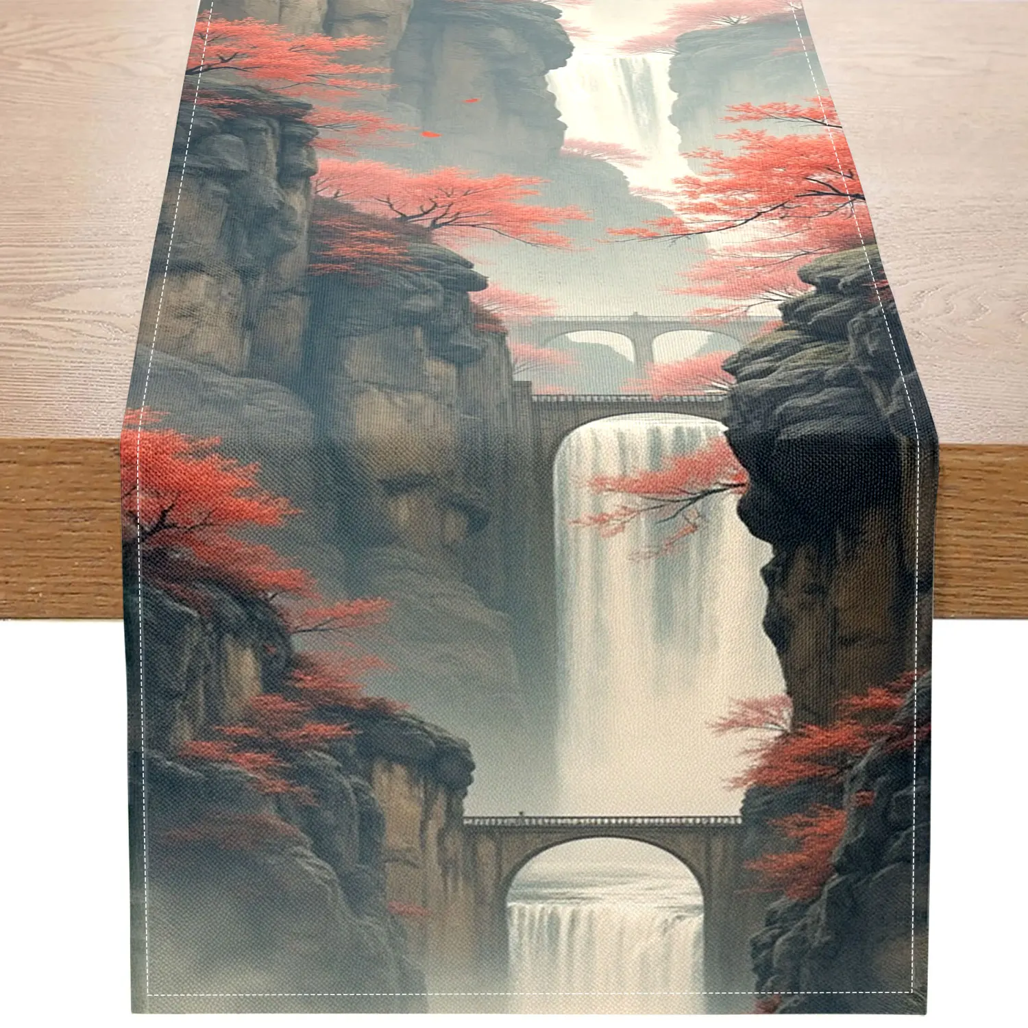 

1 Piece of Landscape-Themed Table Runner with Red Leaves, Featuring Red Leaves, Waterfalls, Valleys, and Bridges as Main Motifs, Suitable for Chinese-Style Homes, Tea Rooms, and Other Settings
