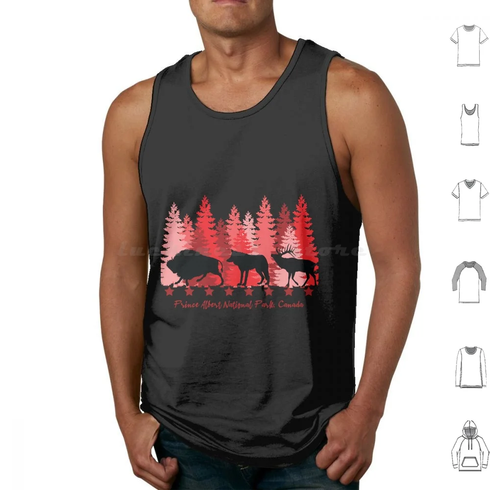 Camisetas sin mangas del Parque Nacional del Príncipe Alberto Canadá con estampado de algodón Animal Bison Canadá Elk Forest Nation Park árboles rojos salvajes