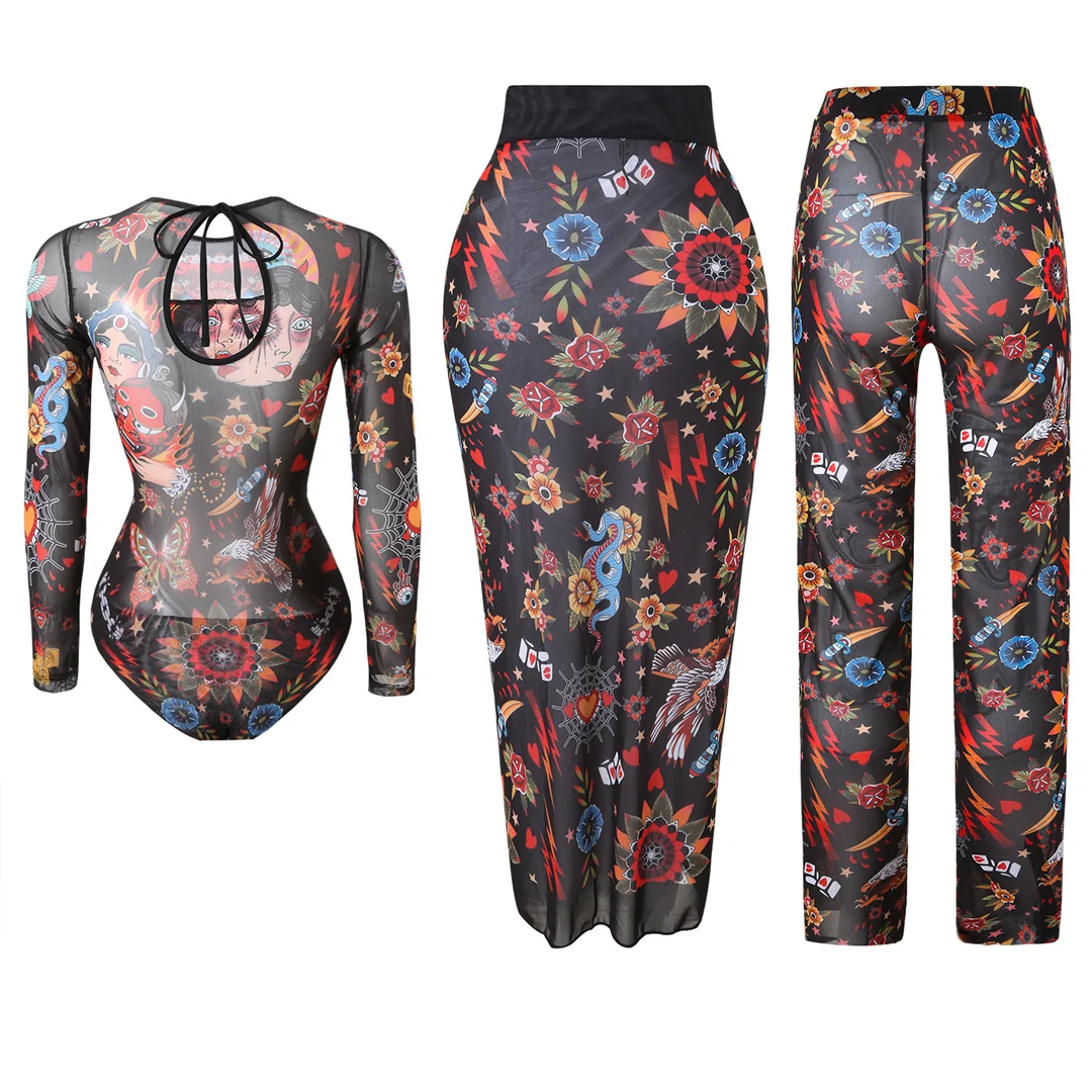 S - XXL 3-teiliges Set, neues, bedrucktes, langärmeliges Badeanzug-Set mit Hose, Sarong, Damen-Badebekleidung, einteiliger Badeanzug, Damen-Badeanzug, Badeanzug V7180 – Detail 29