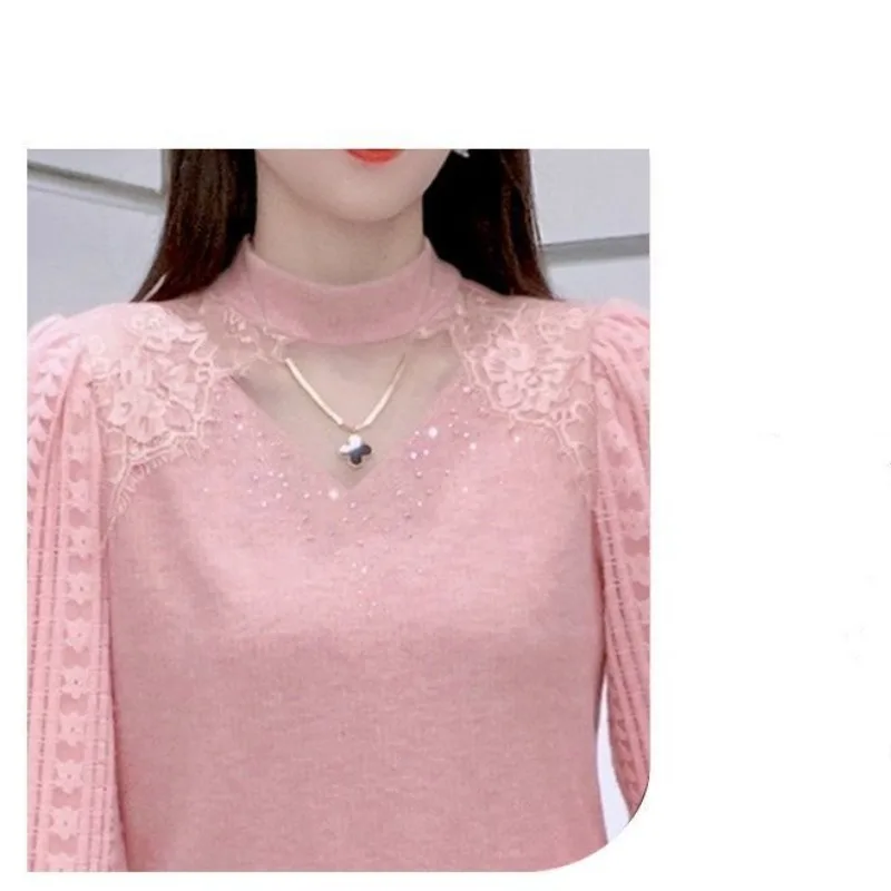 Women\'s Solid Color Half High Collar Diamonds Patchwork Thick Flattering Lace Bottom Autumn Winter New Fashion Long Sleeve Tops