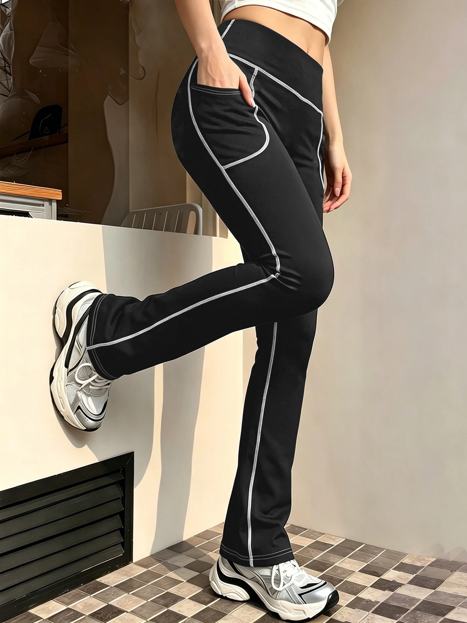Soft Stretch Solid Black Flared Pants Outline Pockets White Stitching Street Daily Pants