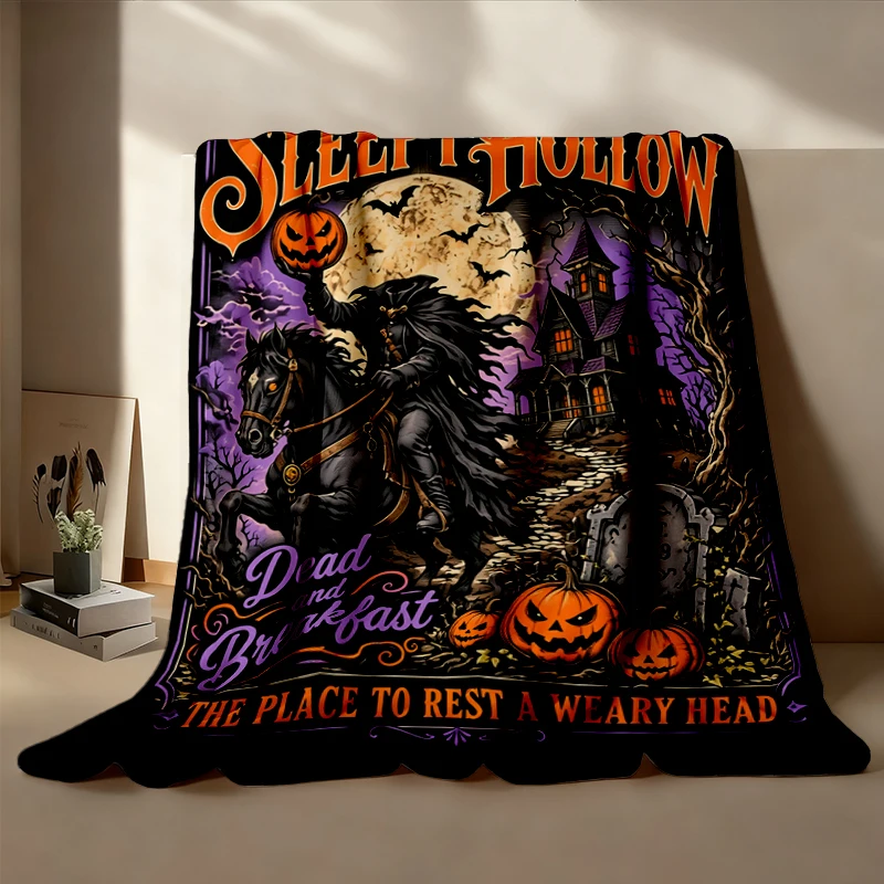 Sleepy Hollow Halloween Cozy Blanket, Gothic Pumpkin Graveyard Flannel Blanket, Horror Headless Horseman Flannel Throw