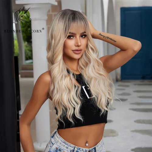 Imagen 2 del producto Peluca sintética rubia de unicornio, Rubio degradado, marrón, pelucas onduladas largas con flequillo, uso diario para fiesta de Cosplay, fibra resistente al calor para mujeres