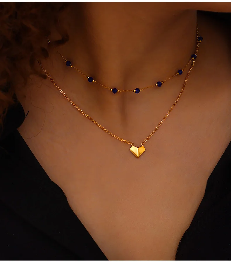 316L Edelstahl Doppelschichtige Herz-Anhänger Halskette Luxuriöse Lila Kristall Ästhetische Halskette für Damen Wasserfester Schmuck – Detail 4