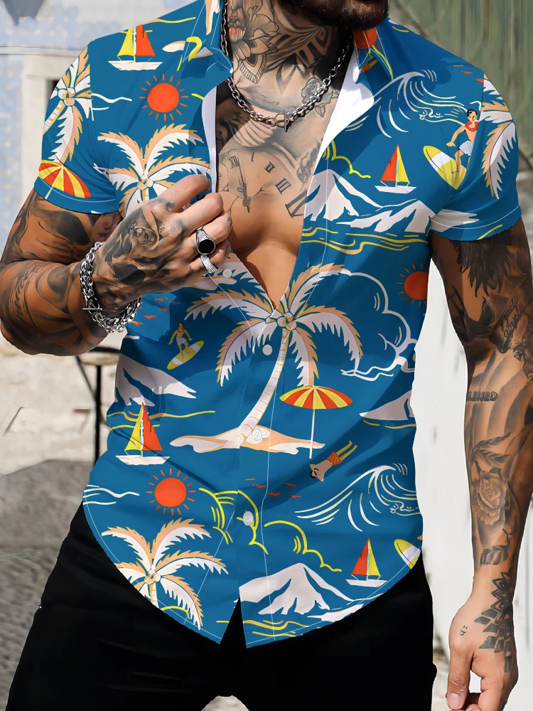 

Hawaii Fashion Casual Men's Short Sleeve Shirt Coconut Tree 3d Digital Printing Shirt Summer Beach Vacation Loose Oversize Shirt