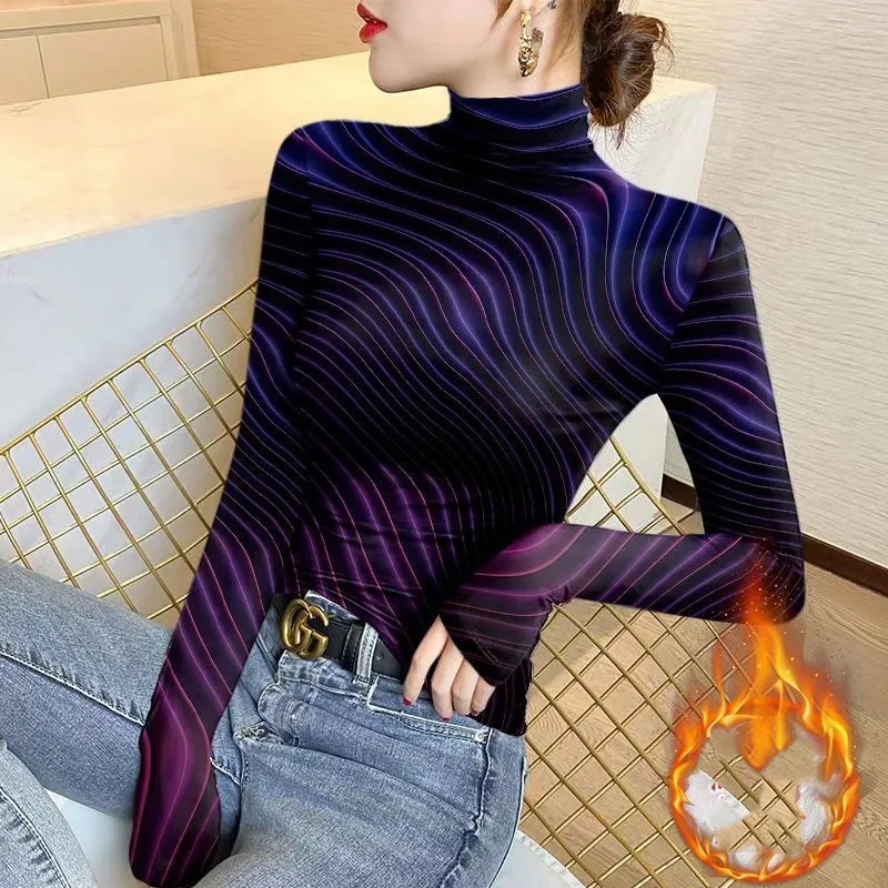 Women's Half High Collar Bottom T-shirt Autumn and Winter New Long Sleeve Stripe Gradient Printed Commute Slim Pullover Tops