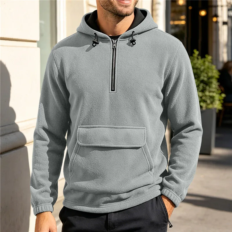 Autumn Winter Men's Heavyweight Hoodie Trend Half Zipper Hooded Sweatshirt Male Warm Casual Pull On Hooded Hoodies Streetwear