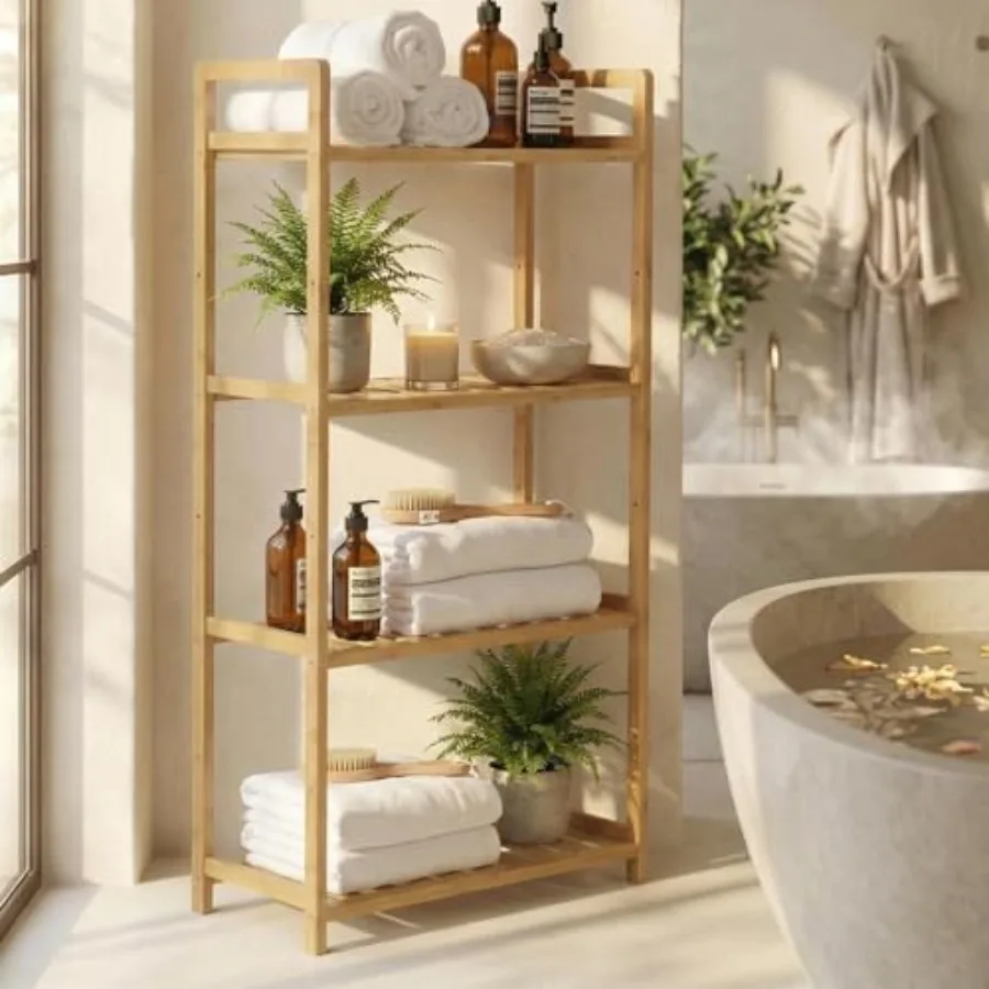 

Bamboo Bathroom Shelf Organizer, 4 Tier Wooden Bathroom Rack with Adjustable Shelves, Free Standing Shelving Unit Open Bookcase