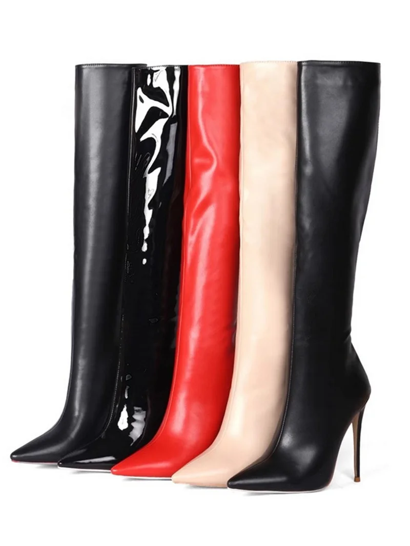 

FHC Women Knee Boots,Thin High Heels Sexy Booties,Cowhide Leather Winter Shoes,Long Botas,Pointed Toe,Black,Red,Apricot,Dropship