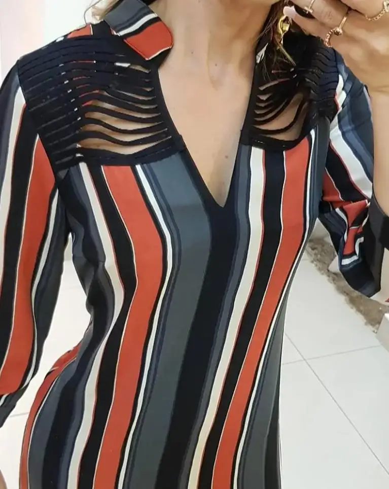 Vestido estampado listrado manga comprida feminino, gola em forma de V, detalhe amarrado recortado, vestido de trabalho diário, elegante, sexy, primavera, verão, 2024