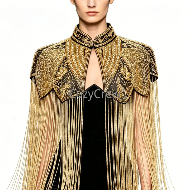 Retro Art Deco Hand Bead Embroidery Shoulder Cape Long Fringe Tassel Shawl Ladies Wedding Prom Gala Formal Shrug