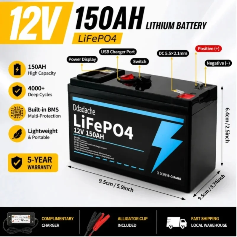 LiFePO4 12V 150Ah wiederaufladbare Lithiumbatterie, integriertes BMS, perfekt für Aufsitzspielzeug, Solarmodule, Fischfinder, Power Wheels