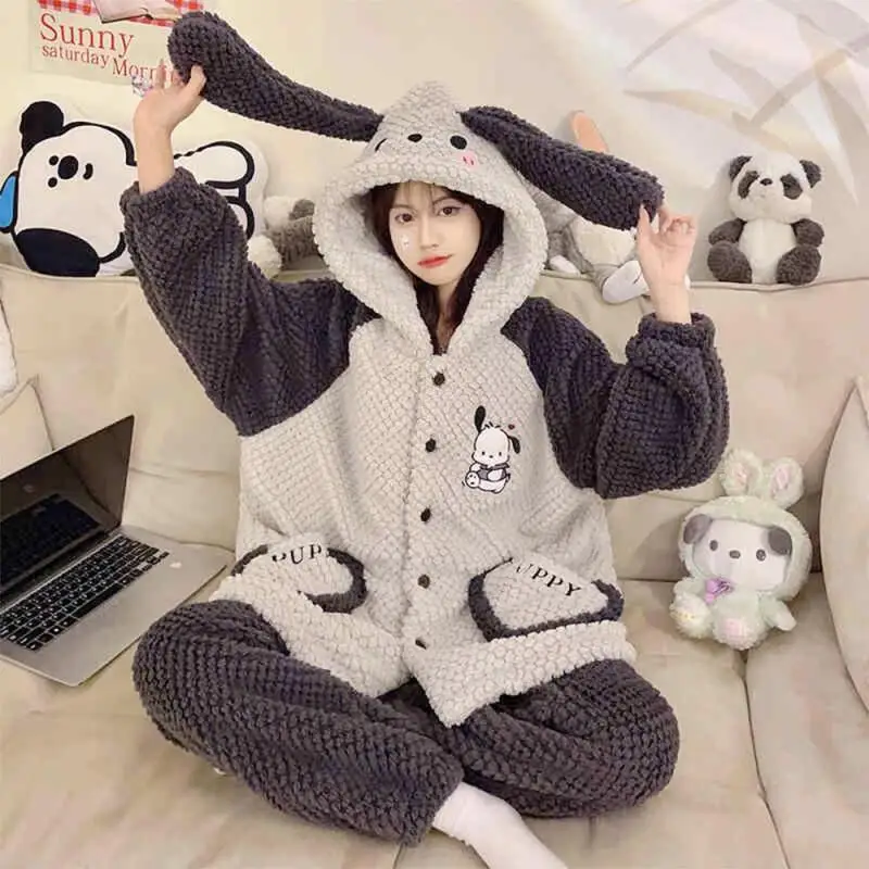 Anime Cinnamoroll Coral polar grueso traje de casa Kawaii Pochacco mujeres pijamas cálidos de felpa conjunto de camisón lindo de dibujos animados para niñas