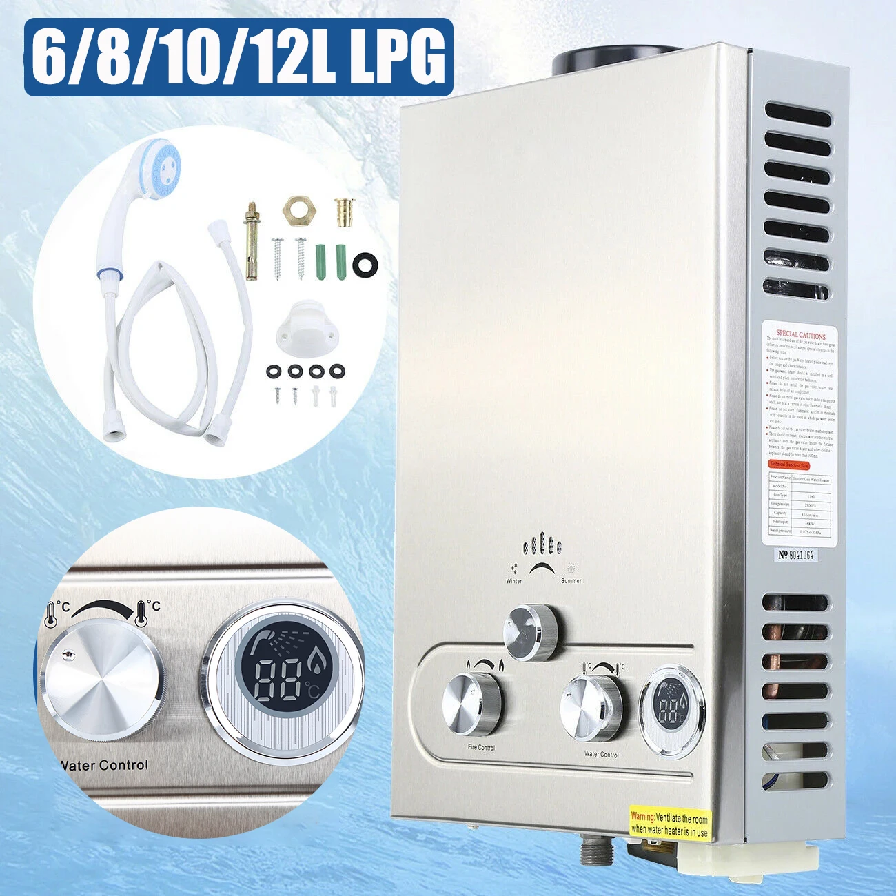 GPL Gas Propano 6L/8L/10L/12L Hot Water Heater Tankless W/Shower Head EU Trasporto Rapido Acciaio Inossidabile Per Casa Campeggio Esterno