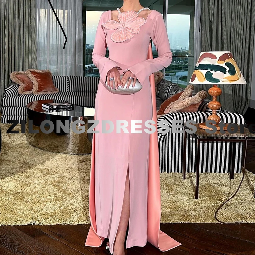 Elegant Pink Jersey Watteau Train Square Neck Evening Dress Exquisite 3D Flowers Straight Floor Length Long Sleeves Pleat Pearls