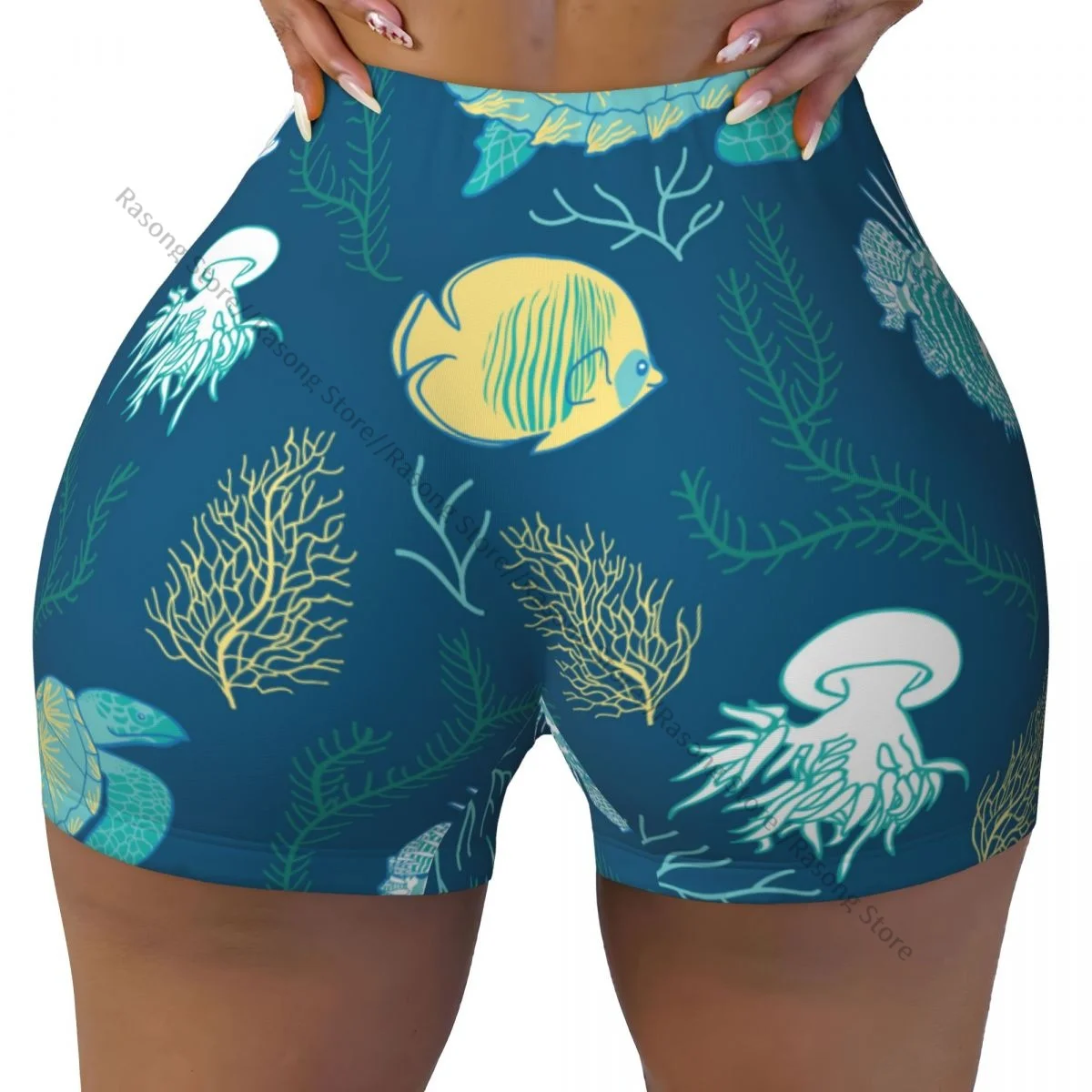 Spandex Yoga Shorts for Women Ocean Animals Fire Fish Turtle Jellyfish And Corals Workout Booty Shorts