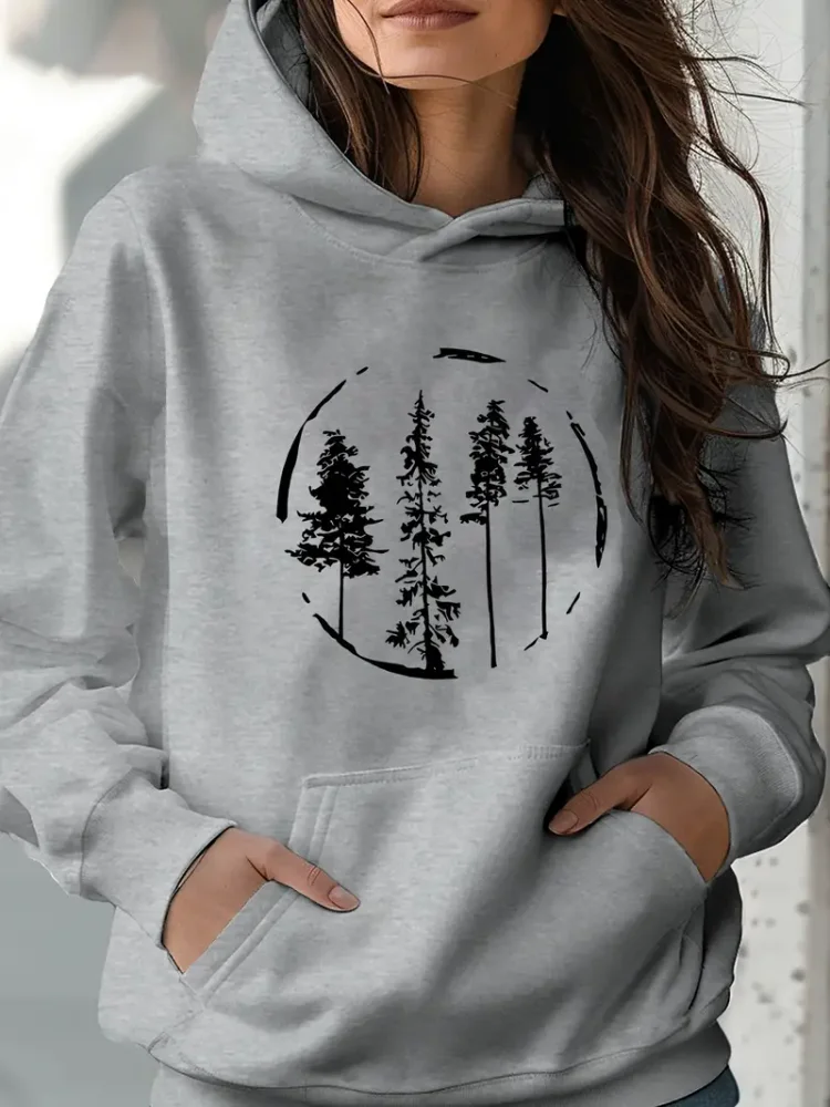 

Womens Soft Polyester Casual Hoodie Long Sleeve Tree Print Street Style Fashionable Hood Spacious Kangaroo Pocket For Streetwear