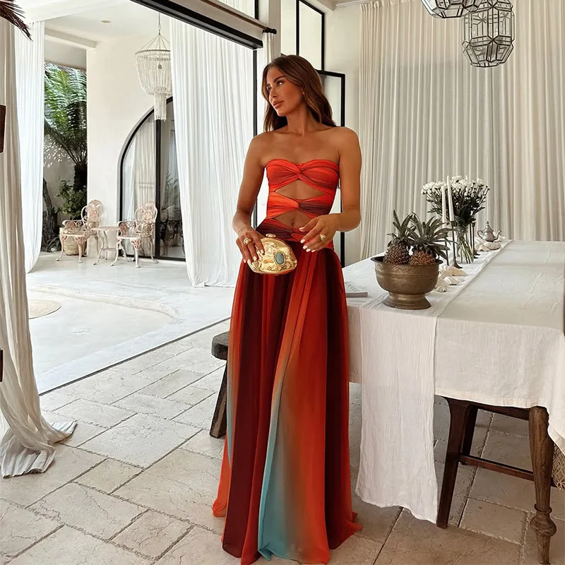 Tie-dye Gradient Hollow Out Women's Maxi Dress Elegant Off Shoulder A-line Hem Long Dresses New Summer 2025 Holiday Female Robes