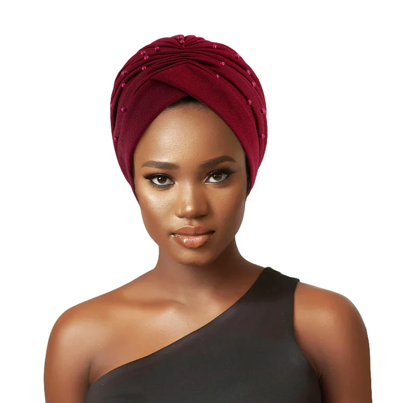 New Women Muslim Turban Hats Ruffle Beaded Turban Hats Hijabs Head Scarf Hair Loss Bonnet Banadanas Cancer Chemo Beanie Caps