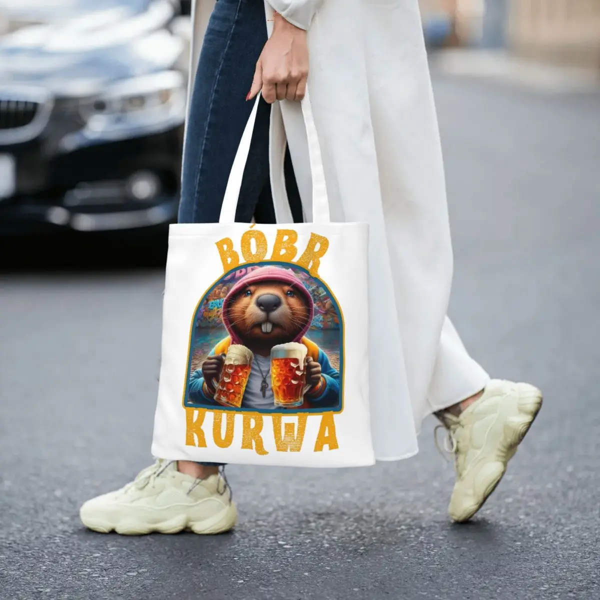 Beaver Bobr Kurwa Drinking Beer Tote Bags Women Handbag Foldable Student Funny Bober Bobrze Meme Shoulder Bag Casual Grocery Bag