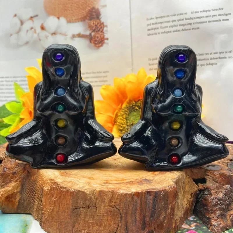 

1pc Natural 7 Chakra Hand Obsidian Yoga Goddess Body Model,Quartz Crystal Body,Crystal Sculpture Energy,Crystal Gifts