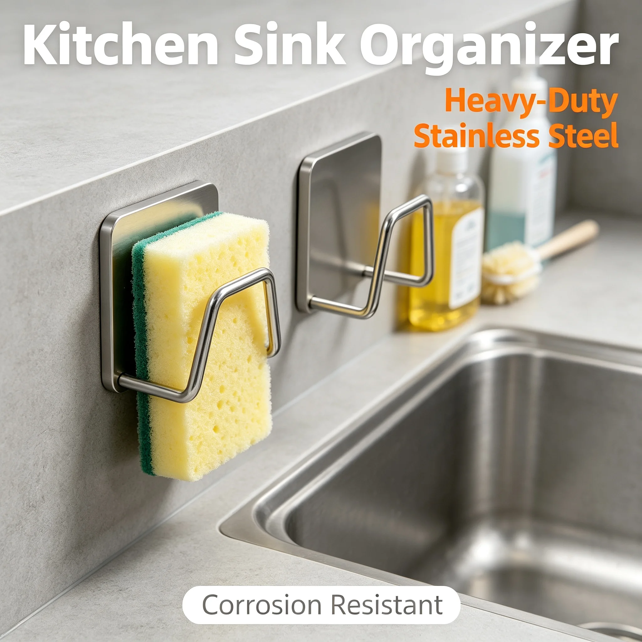 Chopping Board Hook & Sponge Holder Stainless Steel Self Adhesive Kitchen Sink Drain Drying Wall Storage Organizer