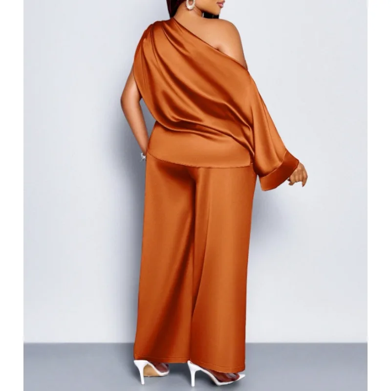 European and American Cross-border Independent Station Casual Women's Satin Suit Diagonal Collar Short-sleeved Top Trousers Suit