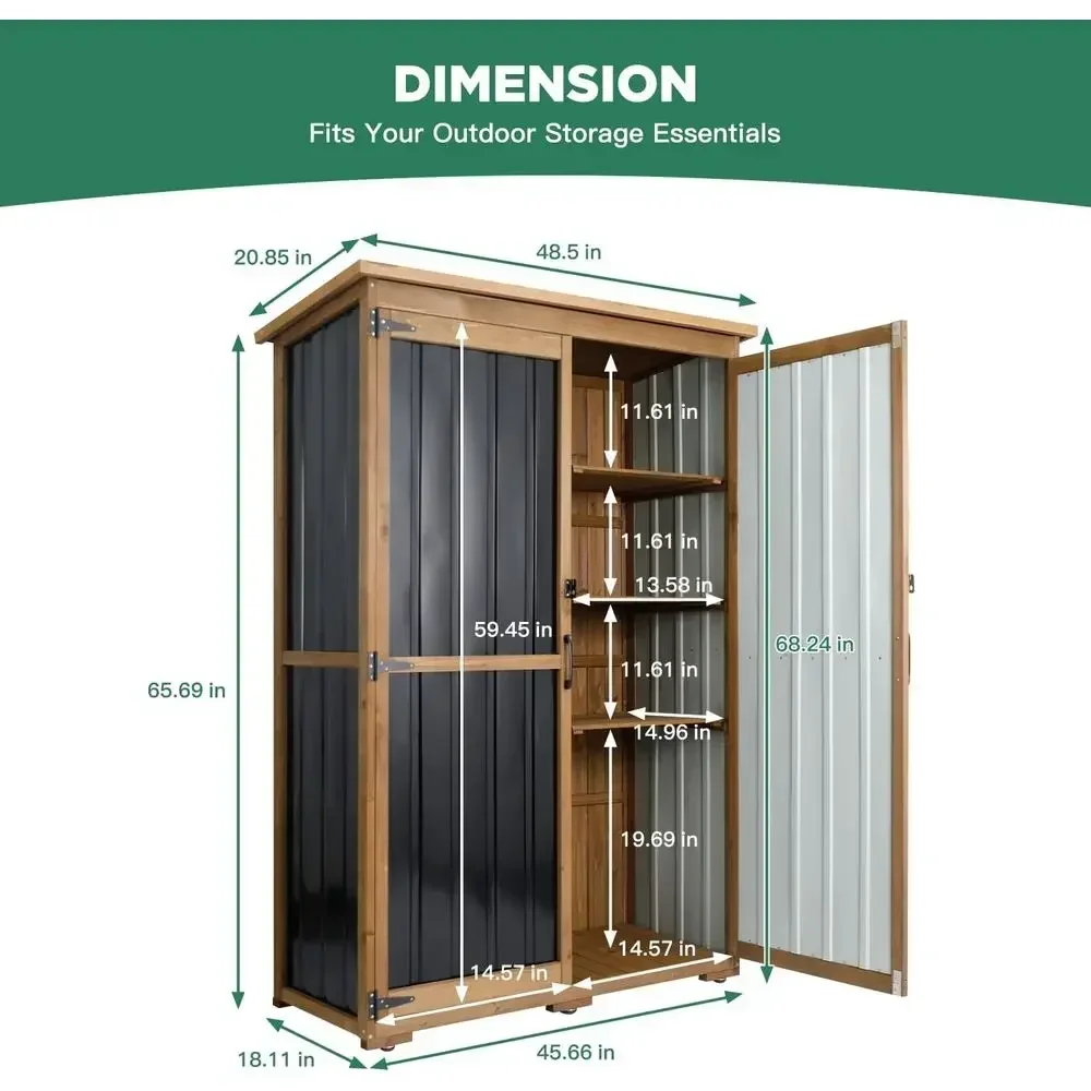 Weatherproof Wood & Metal Outdoor Storage Cabinet with Double Lock, Removable Shelves, 46 x 18 x 68