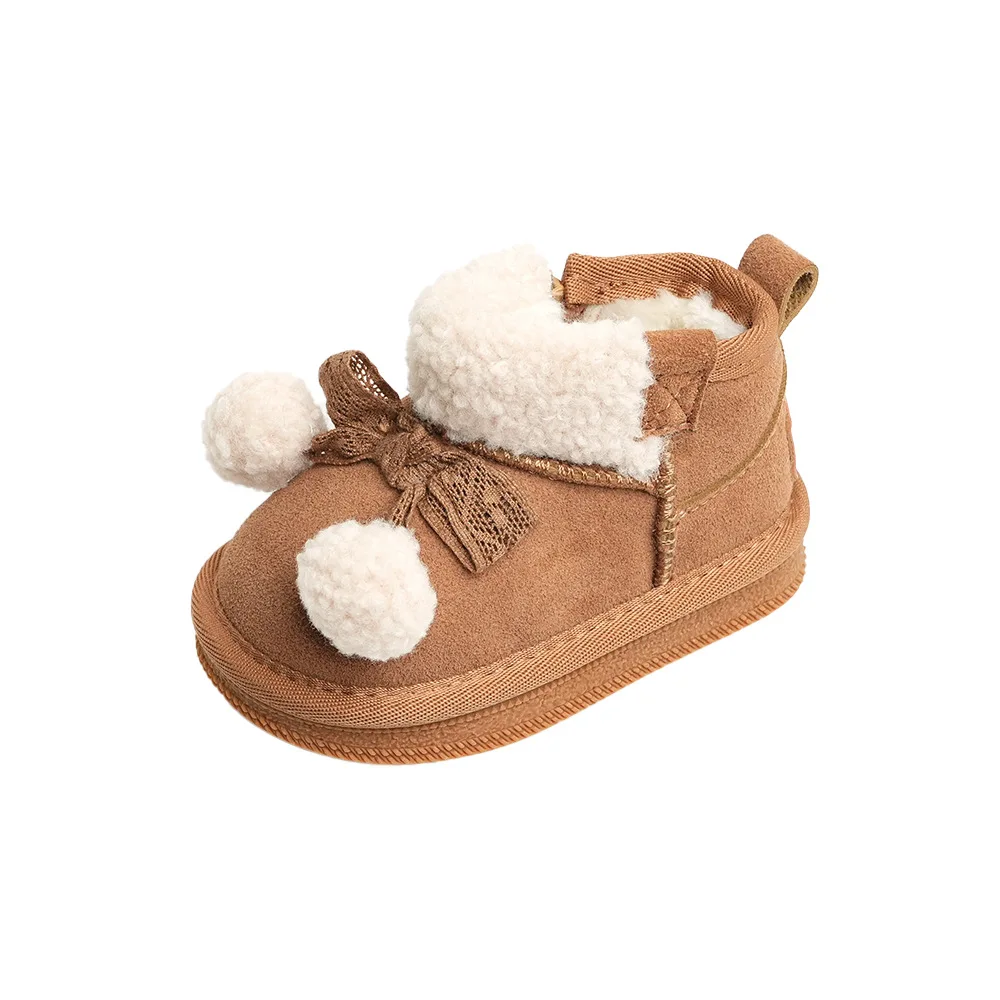 Children's Cowhide Snow Boots Baby Suede Cute Short Boots Boys Girls Retro Furry Ball Decoration Cotton Boots