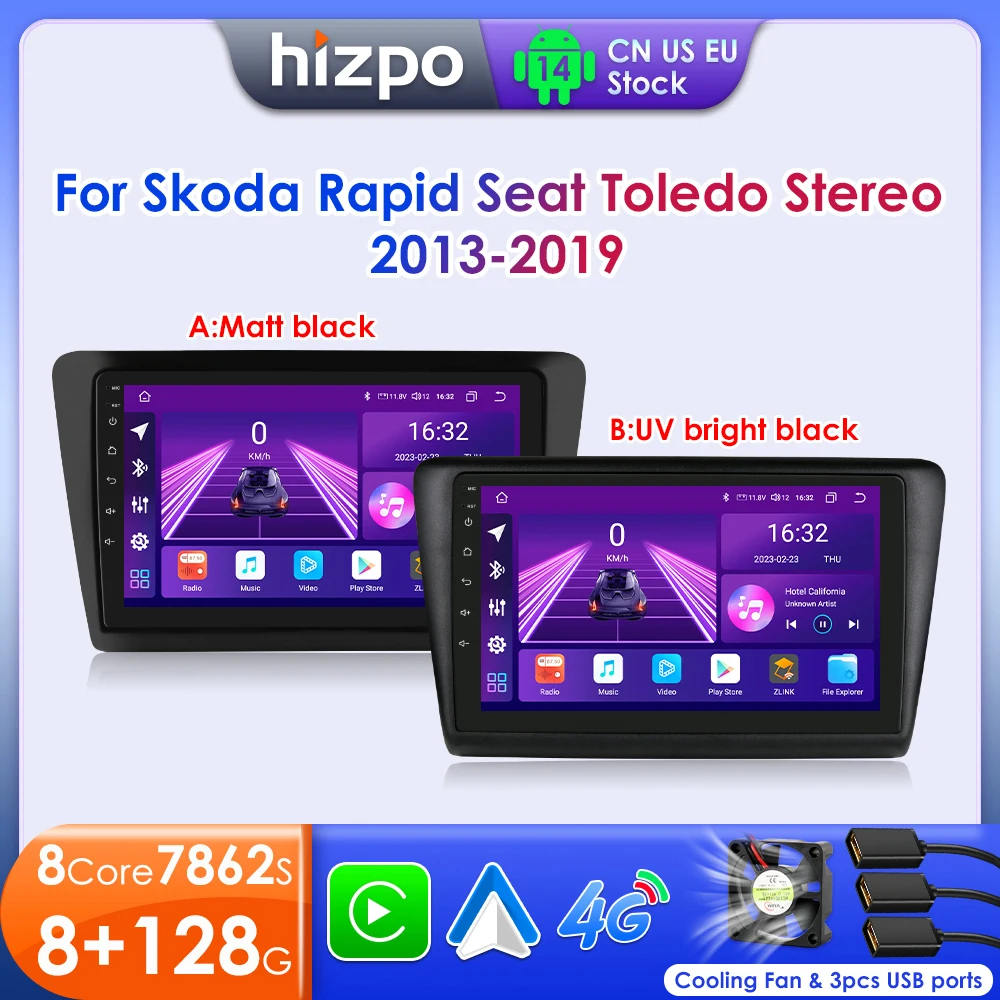 Hizpo Android 14 For Skoda Rapid 2013-2019 Seat Toledo Car Monitor Multimedia CarPlay Touch Screen Head Unit AI Voice GPS 7862