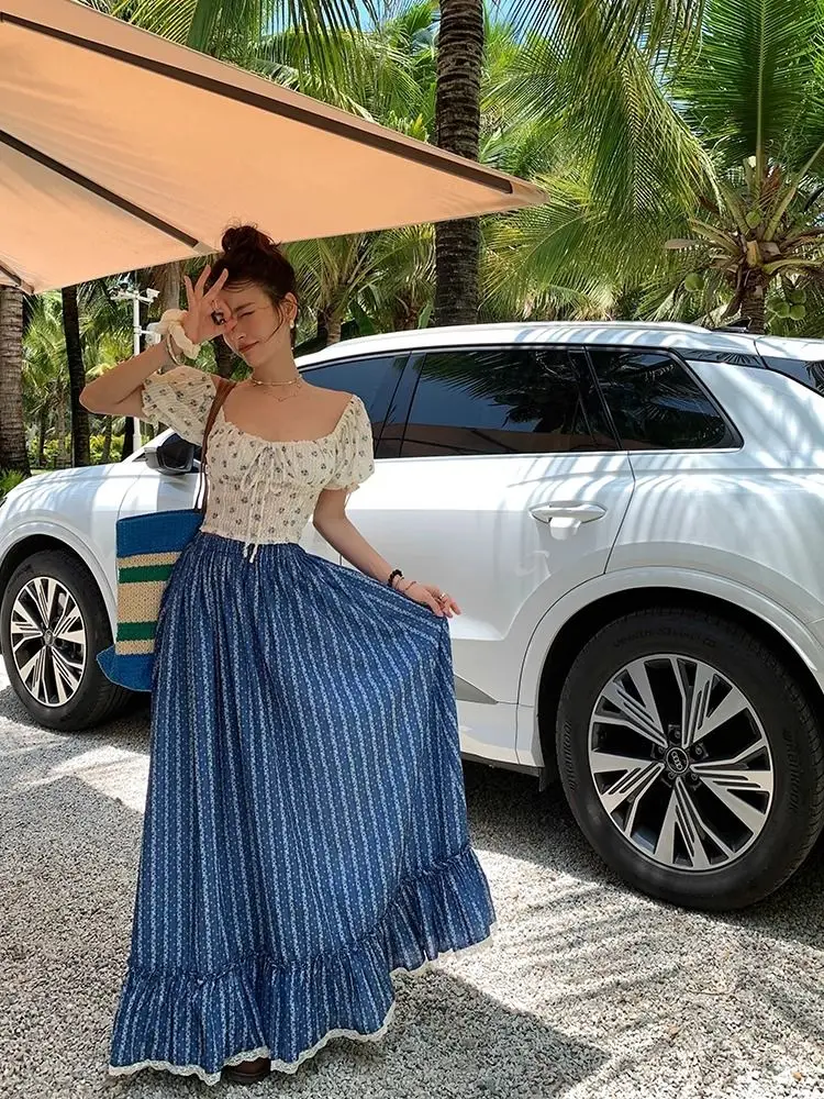 

Women A-line Spring Summer Long Skirt Lace Loose Skirts New Vintage High Waist Blue White Striped Maxi Skirt