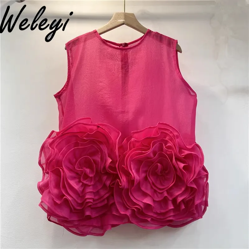 Ladies Hem Three-dimensional Large Flower Disc Shirt 2025 Summer New French Women's Ruffle Edge Splicing Sleeveless Vest Tops